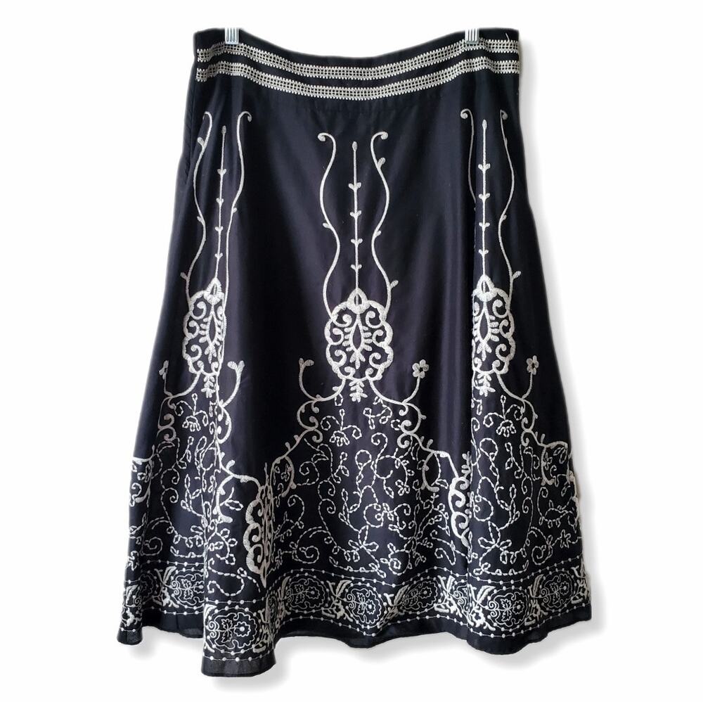 VTG Coldwater Creek Black Embroidered Midi Skirt L Circle Boho Career Classy